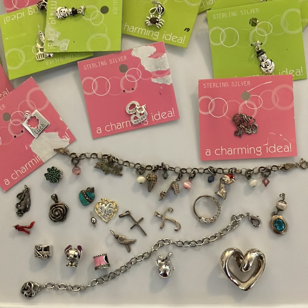Big lot of ladies  sterling silver charms/pendants +2 bracelets, jewelry!!!